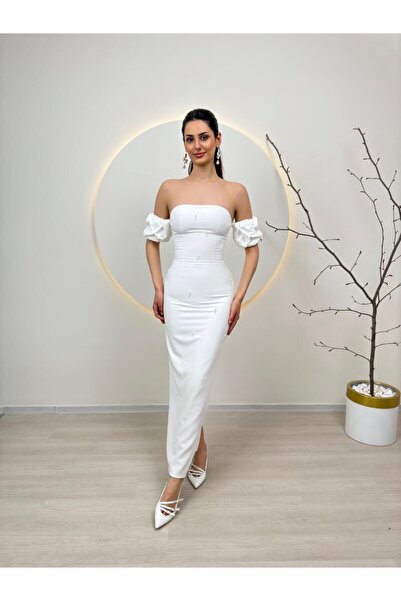 MODA DURAĞI Φόρεμα καλής ποιότητας - με λεπτομέρεια από πέτρα και σκίσιμο στην πλάτη