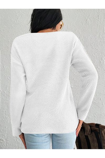 AQE FASHION Pulover de damă, cu decolteu în V, tricot din orez, cu potrivire confortabilă, cu textura flexibilă, alb