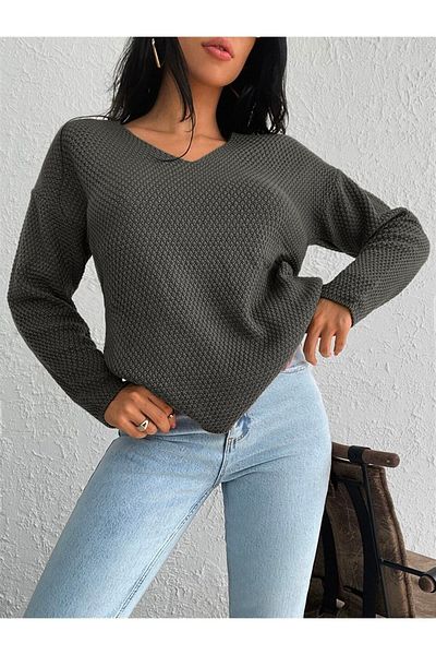 AQE FASHION V-Neck Brass Knitted Comfortable Fit Flexible Textured Gray Color Sweater
