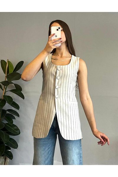 Cardella Gray Striped Long Linen Vest