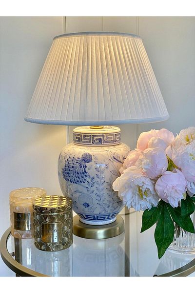 Dekordan House 48cm Bleu Blanc Bird Patterned Lampshade with Pleated Hat