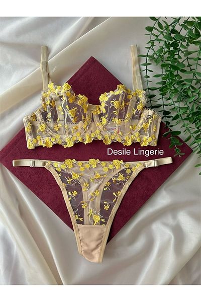 CES'Y LİNGERİE MODEL ARYA - Set de sutien cu sârmă, galben crocant, cu modele florale