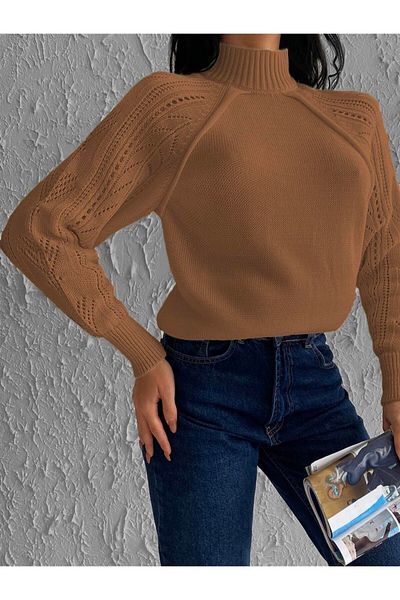 AQE FASHION Камилски трикотажен пуловер с дупки на ръкавите