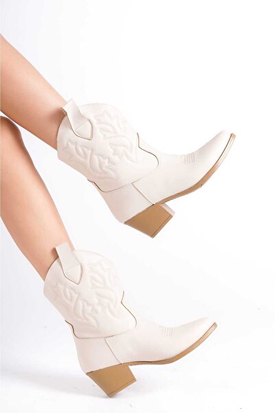 She WOMEN'S TEN CREAM BEIGE VEGAN LEATHER EMBROIDERED WESTERN SHORT COWBOY BOOTS