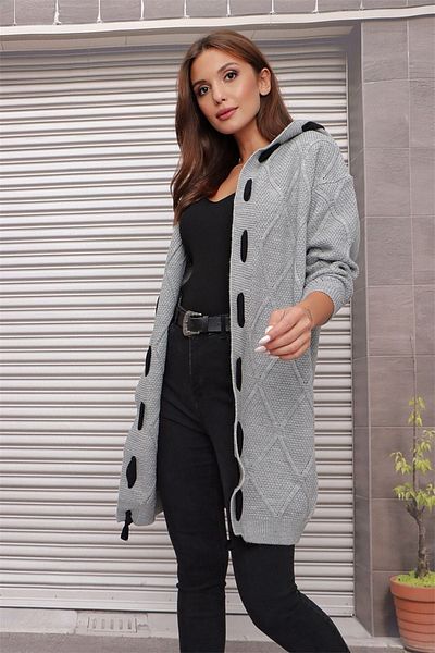 AQE FASHION Hooded Embossed Patterned Striped Cardigan