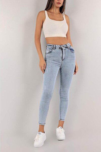 VEGA Snow My Baby Solmayan Mavi Kar Skinny Jeans Yüksel Bel Dar Paça Skinny Likralı Kot Pantalon