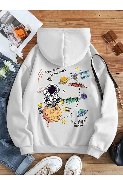 ufukmoda White Unisex Women/Men Galaxy Planet Printed Oversize Hooded Sweatshirt