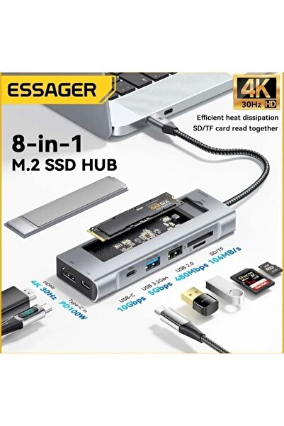 essager 8'in 1'i Ssd M.2 Nvme/sata Fonksiyonlu 4k 30hz/pd100w/type-c 10gpbs/usb 3.2 Gen/5gpbs/usb /sd/tf