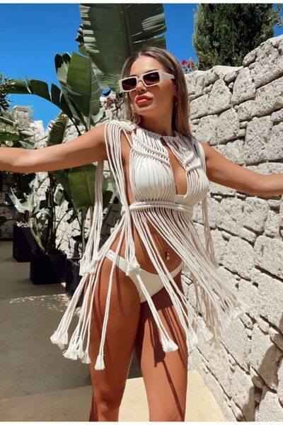 Hayal Makrome Γυναικείο φόρεμα παραλίας και φεστιβάλ Ecru Macrame