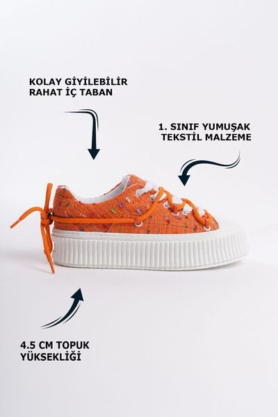 Limeo Orange Textile High Sole Ankle Lacing Detailed Soft Sneakers Women's Casual Sports Shoes