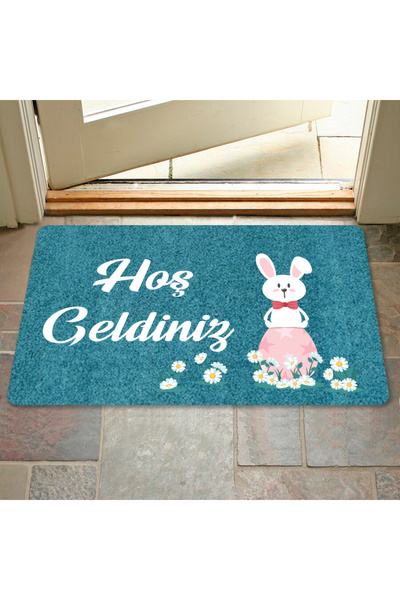 M&H Quality Welcome Written Digital Printed Flower and Rabbit Patterned Door - Washable