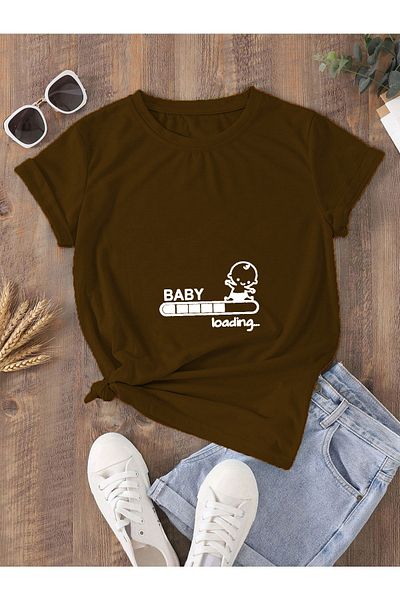 ARKA CREATIVE Μπλουζάκι μητρότητας - Baby Loading Printed, Oversize Καφέ