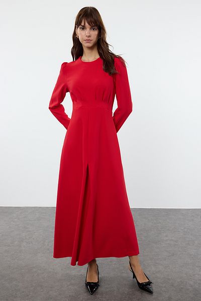 Trendyol Modest TCTAW25EB00110 Modell Dunkelrot Gewebtes Kleid