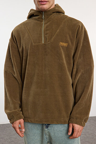 Trendyol Collection Unisex khaki fleecová mikina - stojáček, široký střih, proti žmolkování, teplá Tmnaw25Sw00029