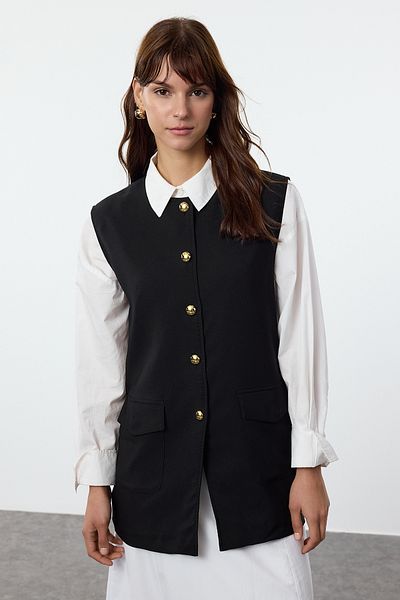 Trendyol Modest Gewebte schwarze Weste - Taschendetail, Tctaw25yl00002