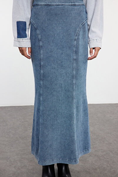 Trendyol Collection Kék maxi farmer szoknya magas derekú varrással - TWOAW25ET00080