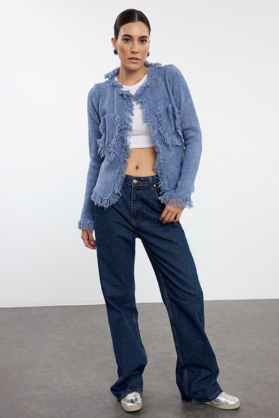 Trendyol Collection Kardigan z měkkého úpletu - modrý, vzhled bundy Twoaw25Hi00161