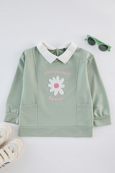 TRENDYOLKIDS Πλεκτό φούτερ για κορίτσια Mint Flower TKDAW25SW00027