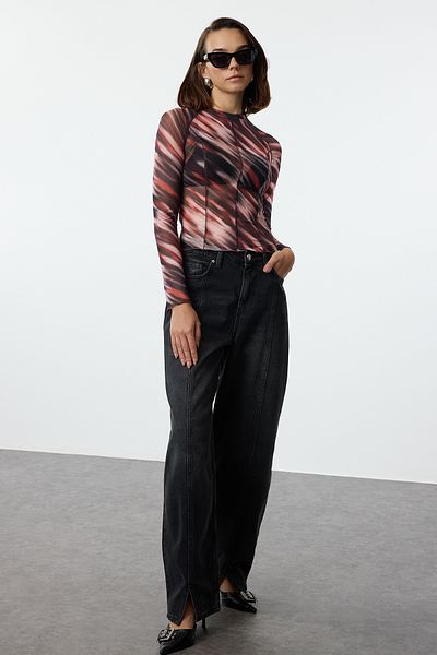 Trendyol Collection Καφέ Slim Fit Crop Μπλούζα - Abstract Pattern, Λεπτομέρεια ραφής, Body Fitting Twoaw25bz00219