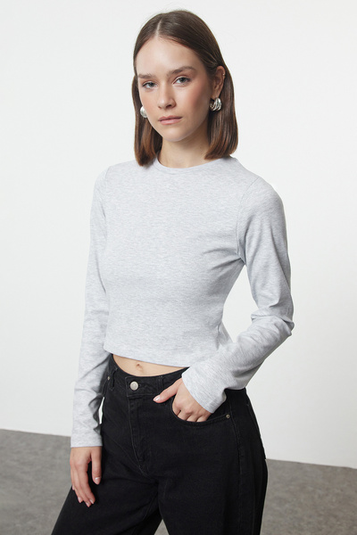 Trendyol Collection Flexible Gray Melange Crop Knitted Blouse - Long SleeVe, Fitted TWOAW25BZ00170