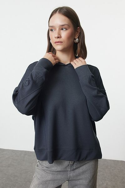 Trendyol Collection Relaxed Fit Anthracite Knitted SWeatshirt - Hooded, Soft Button and Stitching Detail TWOAW25sw00058