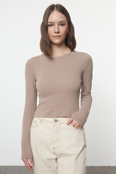 Trendyol Collection Braun-Beige 2er-Pack körperbetonte, gerippte, dehnbare Strickbluse mit Rundhalsausschnitt TWOAW22BZ0331