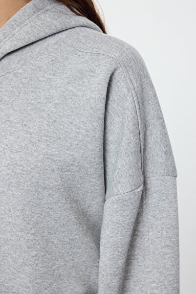 Trendyol Collection Gray Embroidery Mini Knitted Dress - MELange Hooded, Zippered, Color Block TWOAW25EL00510