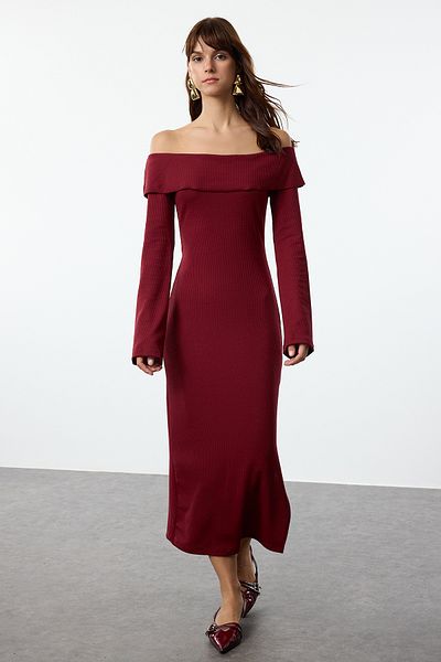 Trendyol Collection Rochie creion Midi Carmen cu guler burgundă cu textura elastică și moale - TWOAW24EL00803