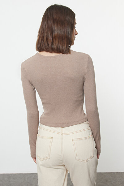 Trendyol Collection Καφέ-Μπεζ 2 συσκευασιών Πλεκτή μπλούζα με ραβδώσεις με ραβδώσεις με λαιμόκοψη TWOAW22BZ0331