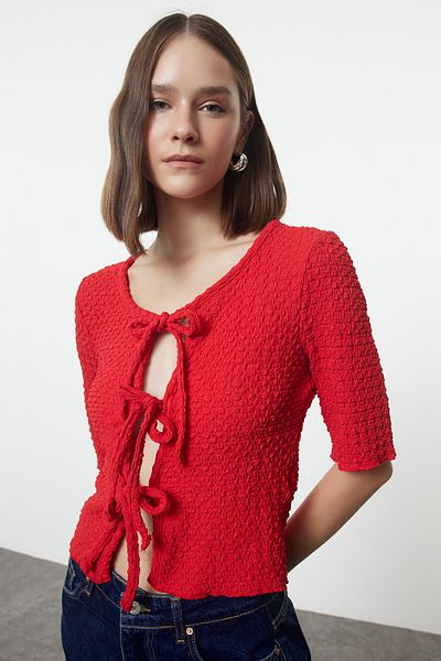 Trendyol Collection Flexible Red Knitted Blouse - Fitted, Lacing Detail, Textured Twoaw25Bz00206