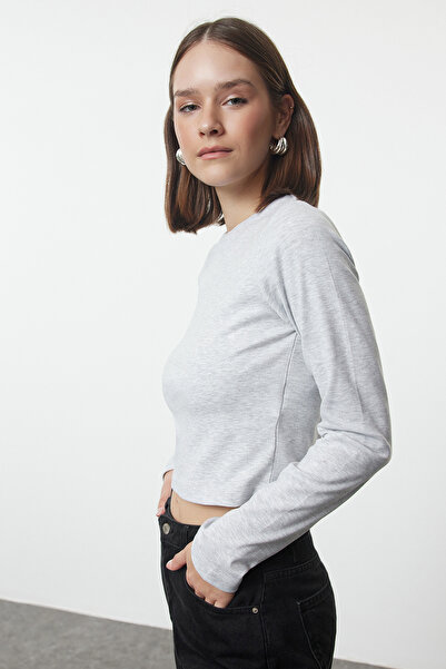 Trendyol Collection Flexible Gray Melange Crop Knitted Blouse - Long SleeVe, Fitted TWOAW25BZ00170