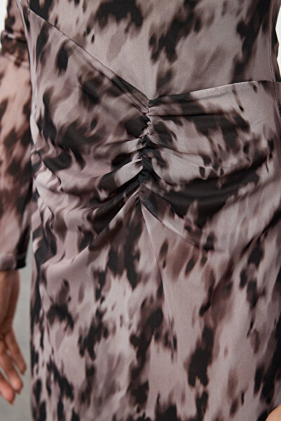 Trendyol Collection Кафява макси плетена рокля с щампа и набори/драпиране TWOAW25EL00408