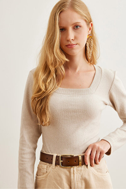 Olalook Kadın Taş Kare Yaka Kalın Fitilli Şardonlu Bluz BLZ-19002726