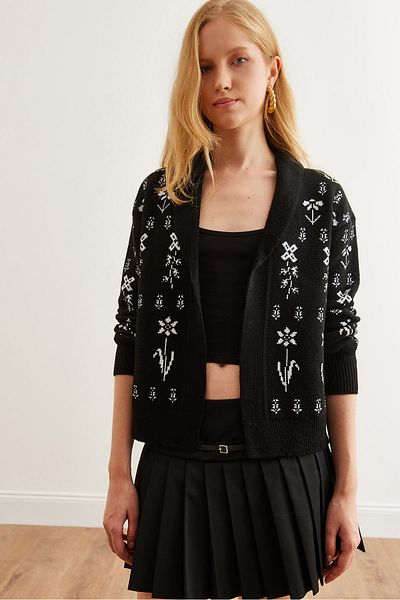 Olalook Schwarzer Strick-Cardigan mit Blumenmuster für Damen – Schalkragen HRK- 19000294