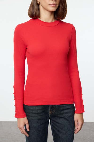 Trendyol Collection Stretchy Corded Cotton Blouse - Red, Buttoned, Stand Collar Twoaw24bz00273