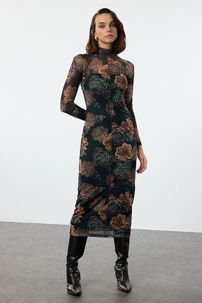 Trendyol Collection Rochie maxi cu nervuri cu imprimeu floral colorat - Detaliu din tul, tricotat pe corp TWOAW25EL00409