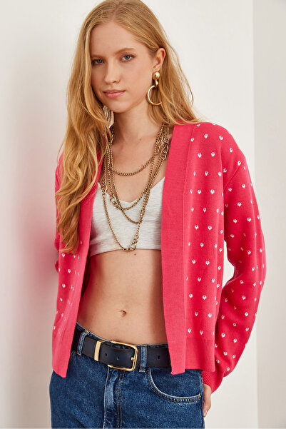 Olalook Fuchsia Heart Detailed Thick Band Women's Knitwear Cardigan - Hrk- 19000295