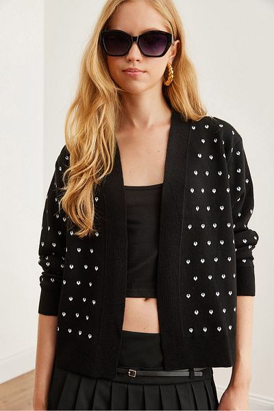 Olalook Cardigan de damă cu bandă groasă cu inimă neagră - HRK- 19000295