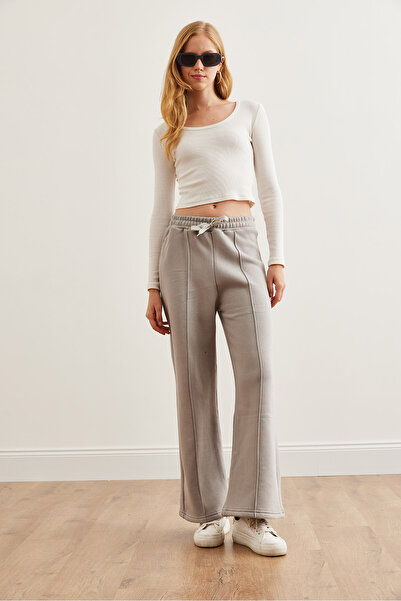 Olalook Yunus Gray Women's Sweatpants - Stitched and Pocketed, Wide Leg Eşf- 00000073