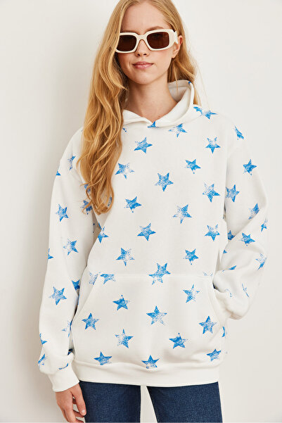 Olalook Жіночий світшот з капюшоном із зірковим принтом екрю-блакитний товстий і сардонічний SWT19000659