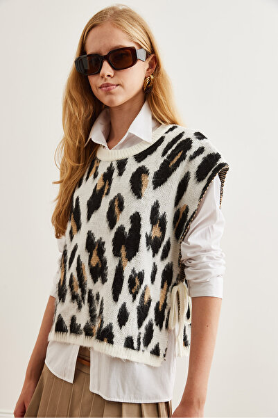 Olalook Měkký pletený svetr s leopardím vzorem Ecru - Side Tie Svt- 00000036