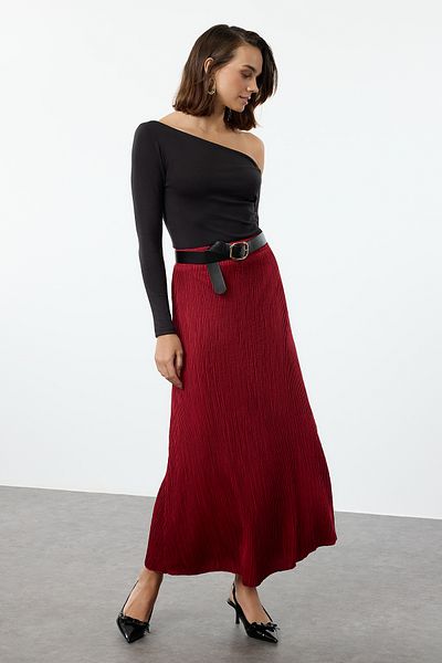 Trendyol Collection Fusta midi burgundă în formă de A - cu talie elastică și căptușeală TWOAW25ET00060