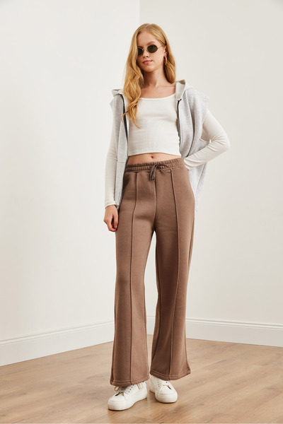 Olalook Καφέ γυναικεία φούτερ - ραφές και τσέπες, φαρδιά πόδια SHAFT- 00000073