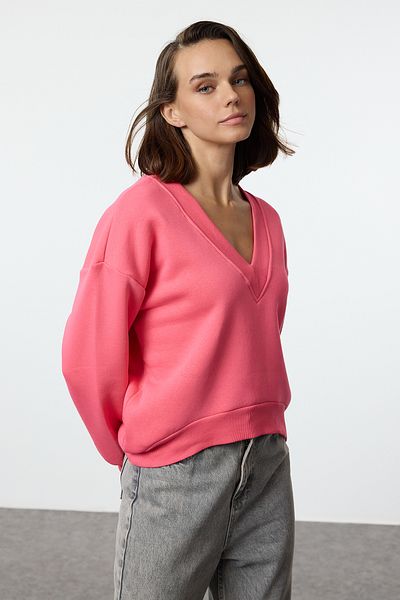 Trendyol Collection V-Ausschnitt Rosa Fleece Dicke Innenseite Gestricktes Sweatshirt - Twoaw25sw00214
