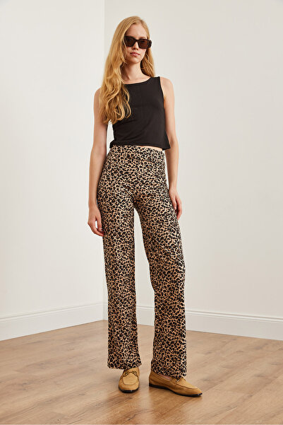 Olalook Kadın Leopar Bej Yüksek Bel Süet Dokulu Bol Paça Pantolon PNT-19000289