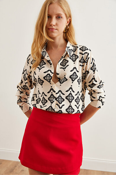 Olalook Ecru Black Mini Viscose Shirt - Geometric Pattern, Gml- 19001239
