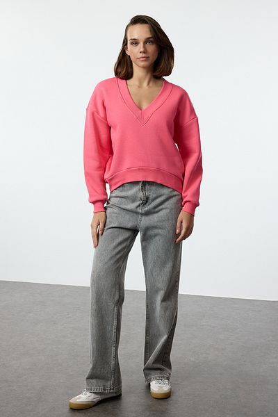 Trendyol Collection V-Ausschnitt Rosa Fleece Dicke Innenseite Gestricktes Sweatshirt - Twoaw25sw00214