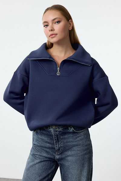 Trendyol Collection Indigo Fleece mikina na zipVersize - tlustá uvnitř Twoaw23sw00091