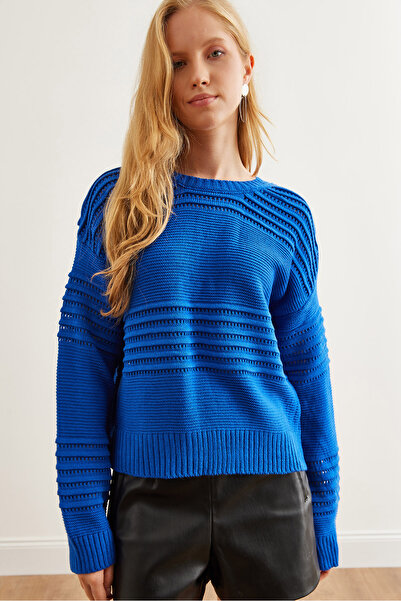 Olalook Pulover Saks Blue Knitwear - Detaliat cu dungi, texturat KZK- 19000808