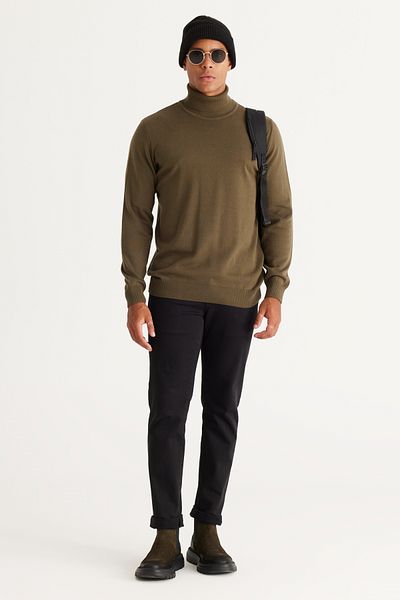 ALTINYILDIZ CLASSICS Ανδρικό πλεκτό πουλόβερ Χακί - Standard Fit, Full Turtleneck, Βαμβακερό